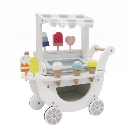 Drewniana lodziarnia na kółkach z akcesoriami, kolor biały
