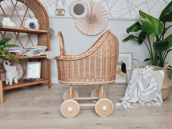 Wiklinowy wózek dla lalek wysoki naturalny - drewno