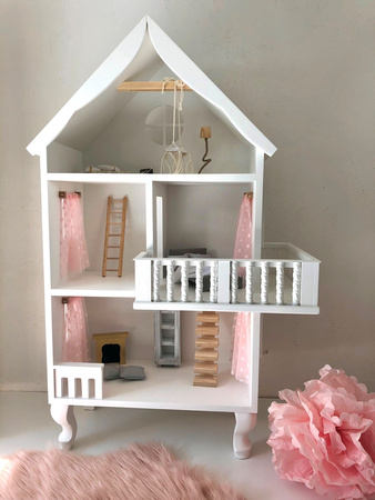 Drewniany duży domek dla lalek z poddaszem i balkonem, domek do zabawy Charlott