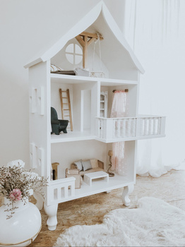 Drewniany duży domek dla lalek z poddaszem i  balkonem, domek do zabawy Charlott