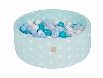 MeowBaby® Suchy Basen 90x30cm z 200 piłkami, Miętowy w Gwiazdki: białe, transparentne, niebieskie, turkusowe
