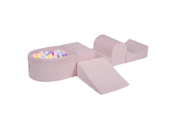 MeowBaby® Piankowy Zestaw do Zabawy Jasnoróżowy + komplet 100 piłeczek: babyblue, miętowe, pastel róż, pastel żółty, wrzosowe