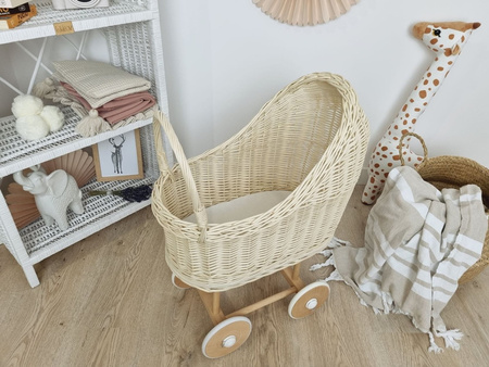 Wiklinowy wózek dla lalek wysoki ecru - drewno