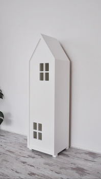 Drewniany Regał z półkami i drzwiami biały, biała szafa