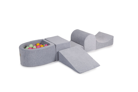 MeowBaby® Piankowy Zestaw do Zabawy Jasnoszary + komplet 100 piłeczek: jasnozielone, żółte, białe, jasny róż
