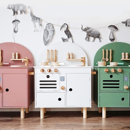 Drewniana kuchnia Retro z akcesoriami różowa dla dziecka