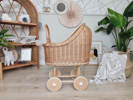 Wiklinowy wózek dla lalek wysoki naturalny - drewno