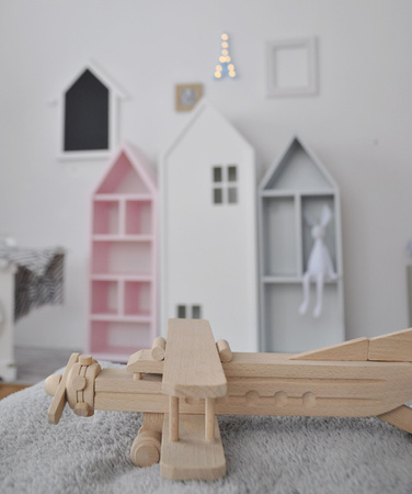 Regał domek z półkami do pokoju dziecka, pastelowy róż z drewna