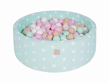 MeowBaby® Suchy Basen 90x30cm z 200 piłkami, Miętowy w Gwiazdki: białe, transparentne, pastelowy róż, beżowe, miętowe