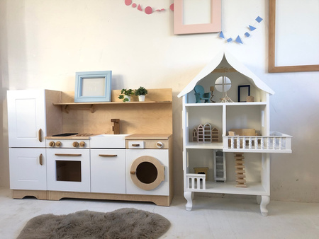 Kuchnia do zabawy z drewna dla dzieci.Zabawkowa kuchnia z piekarnikiem, zmywarka
