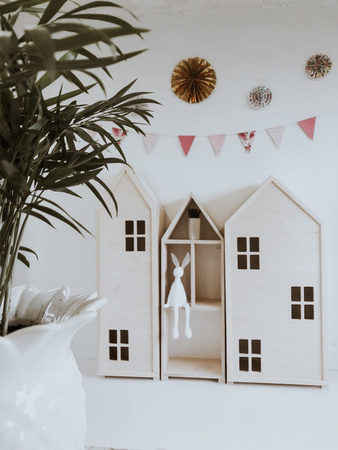 Drewniany zestaw mebli w kształcie domków, meble z drewna w stylu skandynawskim