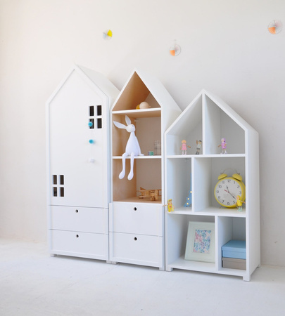 Zestaw solidnych mebli dziecięcych w kształcie domków z drewna, Miasto big trio