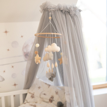 Tiulowy baldachim do łóżeczka Szary + stelaż na baldachim