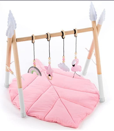 Stojak edukacyjny Baby Gym, drewniana siłownia z różową Matą