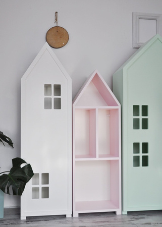 Drewniany Regał z półkami i drzwiami biały, biała szafa