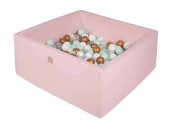 MeowBaby® basen kwadratowy pudrowy róż 110x110x40 + 400 piłek (białe, złote, transparent, miętowe)