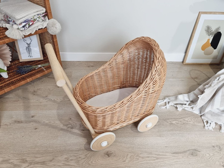 Wiklinowy wózek dla lalek pchacz naturalny- drewno