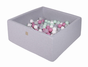 MeowBaby® basen kwadratowy jasnoszary 110x110x40 + 400 piłek (transparent, szary, biały, jasnoróżowy, miętowe)