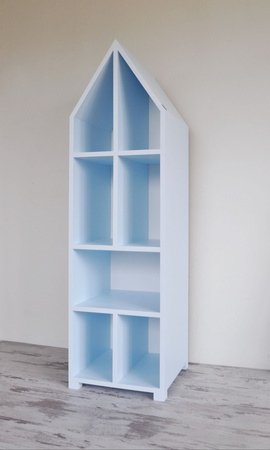 Mały regał na zabawki z półkami niebieski w kształcie domku, we made it