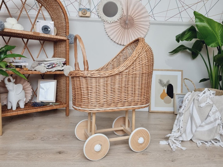 Wiklinowy wózek dla lalek wysoki naturalny - drewno