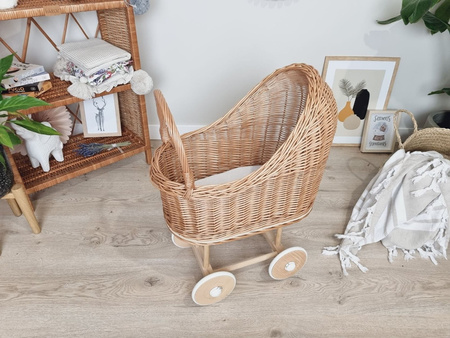 Wiklinowy wózek dla lalek wysoki naturalny - drewno