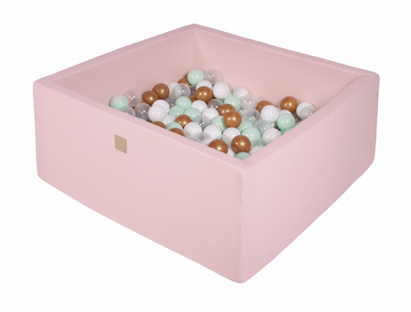 MeowBaby® basen kwadratowy pudrowy róż 110x110x40 + 400 piłek (białe, złote, transparent, miętowe)