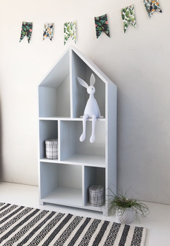 futurystyczny regał szary z półkami w kształcie domku, we made it