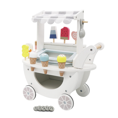 Drewniana lodziarnia na kółkach z akcesoriami, kolor biały